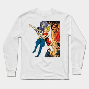 Masked Superhero Rescuing Beautiful Girl from Fire Building Firefighters Fire Retro Comic Vintage Long Sleeve T-Shirt